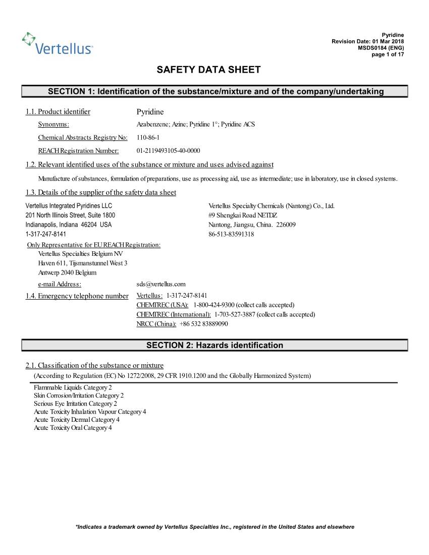 Pyridine Revision Date: 01 Mar 2018 MSDS0184 (ENG) Page 1 of 17 SAFETY DATA SHEET