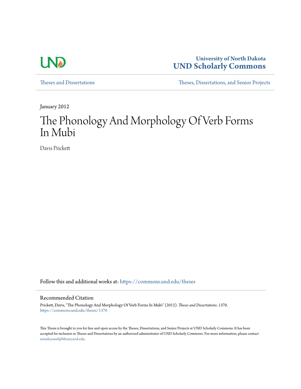 The Phonology and Morphology of Verb Forms in Mubi