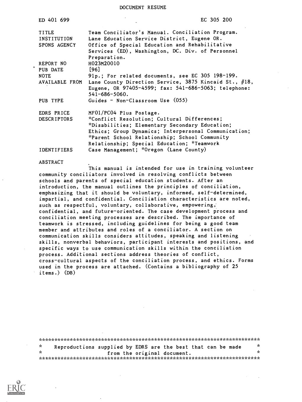 DOCUMENT RESUME Team Conciliator's Manual. Conciliation Program. Lane Education Service District, Eugene OR. Office of Special E