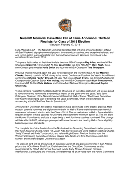 Naismith Memorial Basketball Hall of Fame Announces Thirteen Finalists for Class of 2018 Election - Saturday, February 17, 2018