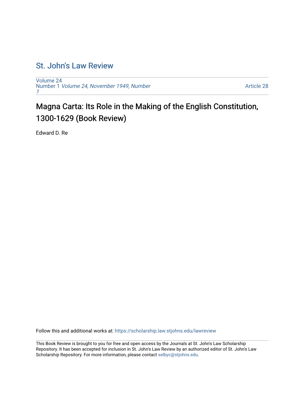 Magna Carta: Its Role in the Making of the English Constitution, 1300-1629 (Book Review)