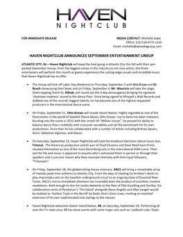 Haven Nightclub Announces September Entertainment Lineup PDF Download