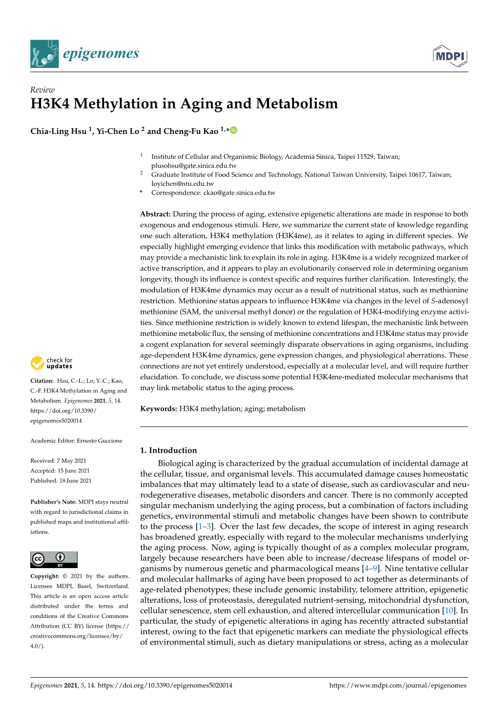 H3K4 Methylation in Aging and Metabolism