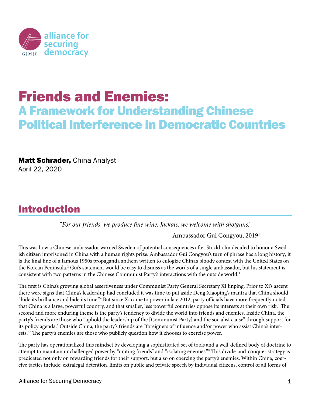Friends and Enemies: a Framework for Understanding Chinese Political Interference in Democratic Countries