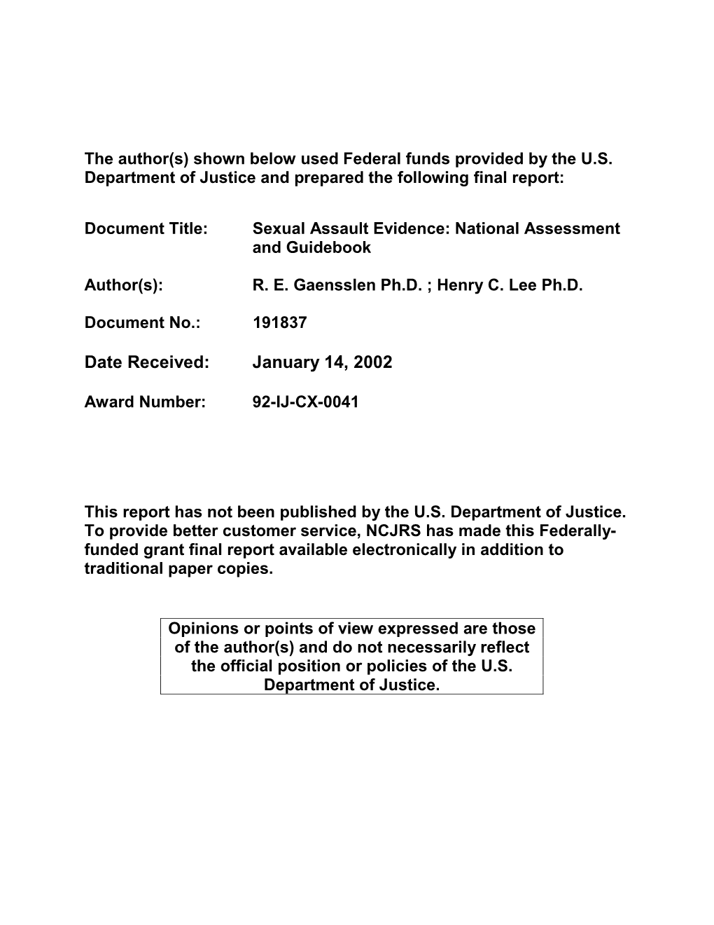 Sexual Assault Evidence: National Assessment and Guidebook