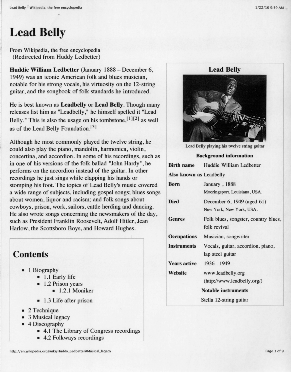 Lead Belly - Wikipedia, the Free Encyclopedia 1/22/10 9:59 AM