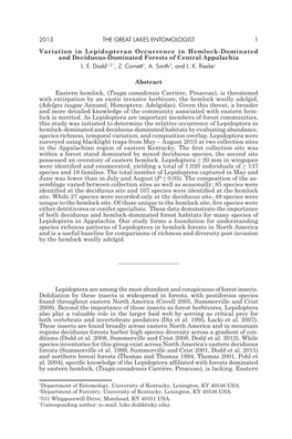 Variation in Lepidopteran Occurrence in Hemlock-Dominated and Deciduous-Dominated Forests of Central Appalachia L