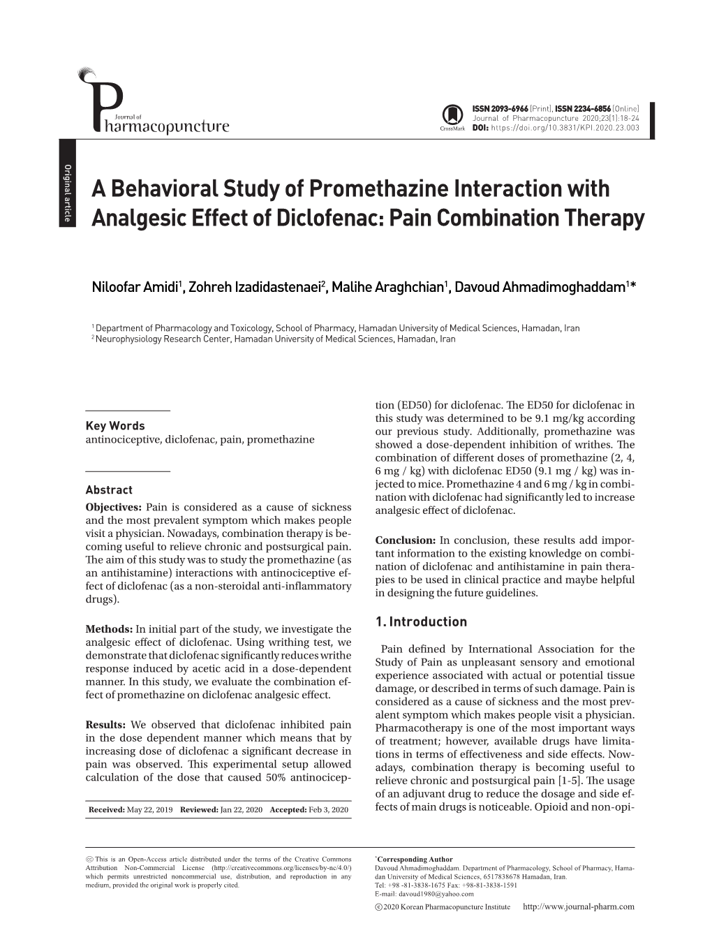 A Behavioral Study of Promethazine Interaction with Analgesic Effect of Diclofenac: Pain Combination Therapy