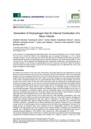 Generation of Oxyhydrogen Gas for Internal Combustion of a Minor Vehicle, Chemical Engineering Transactions, 82, 445- 450 DOI:10.3303/CET2082075