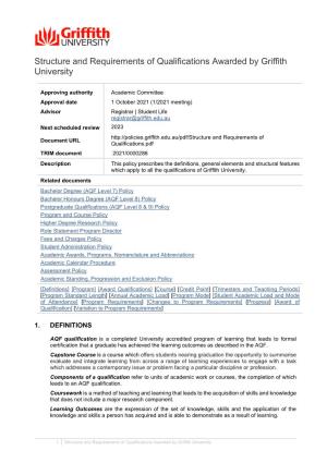 Structure and Requirements of Qualifications Awarded by Griffith University