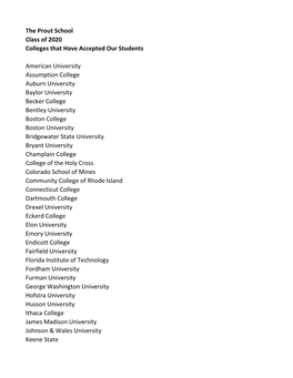 The Prout School Class of 2020 Colleges That Have Accepted Our Students American University Assumption College Auburn University
