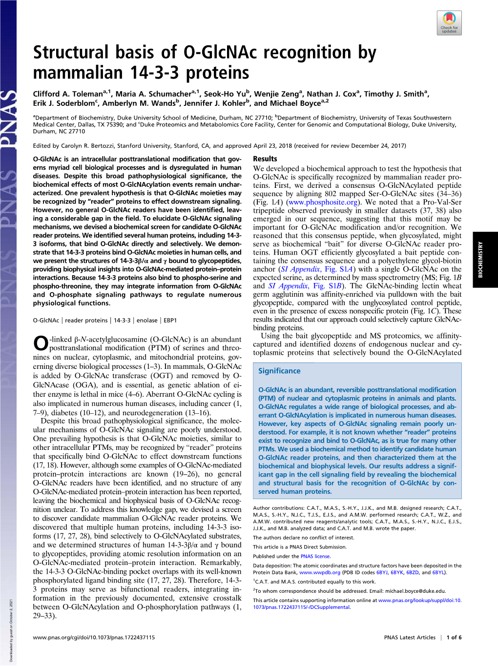 Structural Basis of O-Glcnac Recognition by Mammalian 14-3-3 Proteins