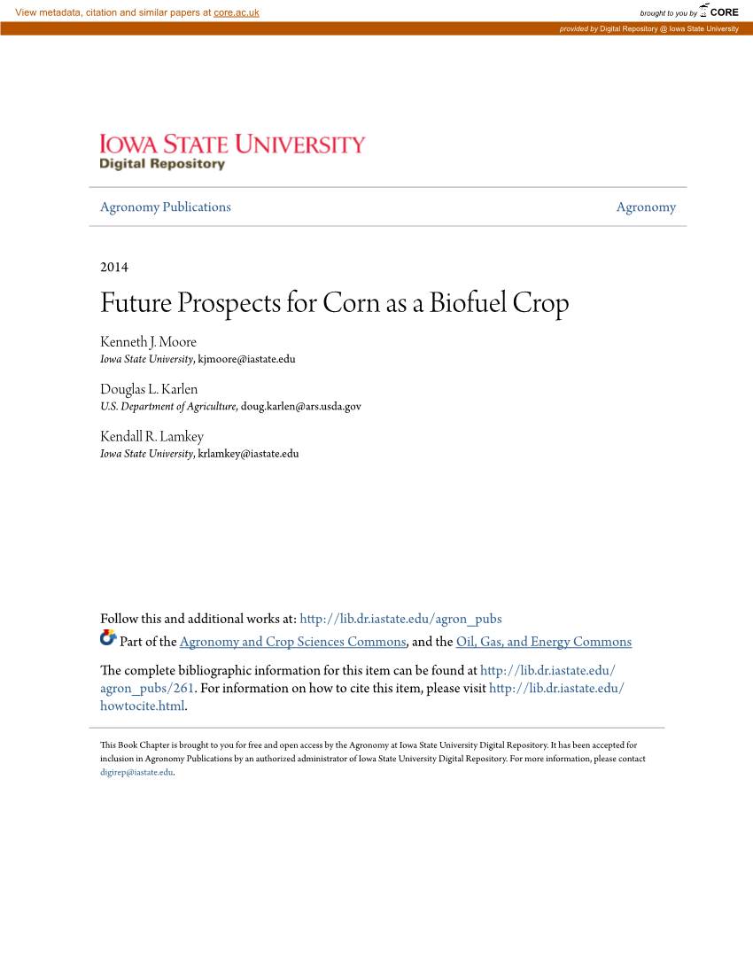 Future Prospects for Corn As a Biofuel Crop Kenneth J