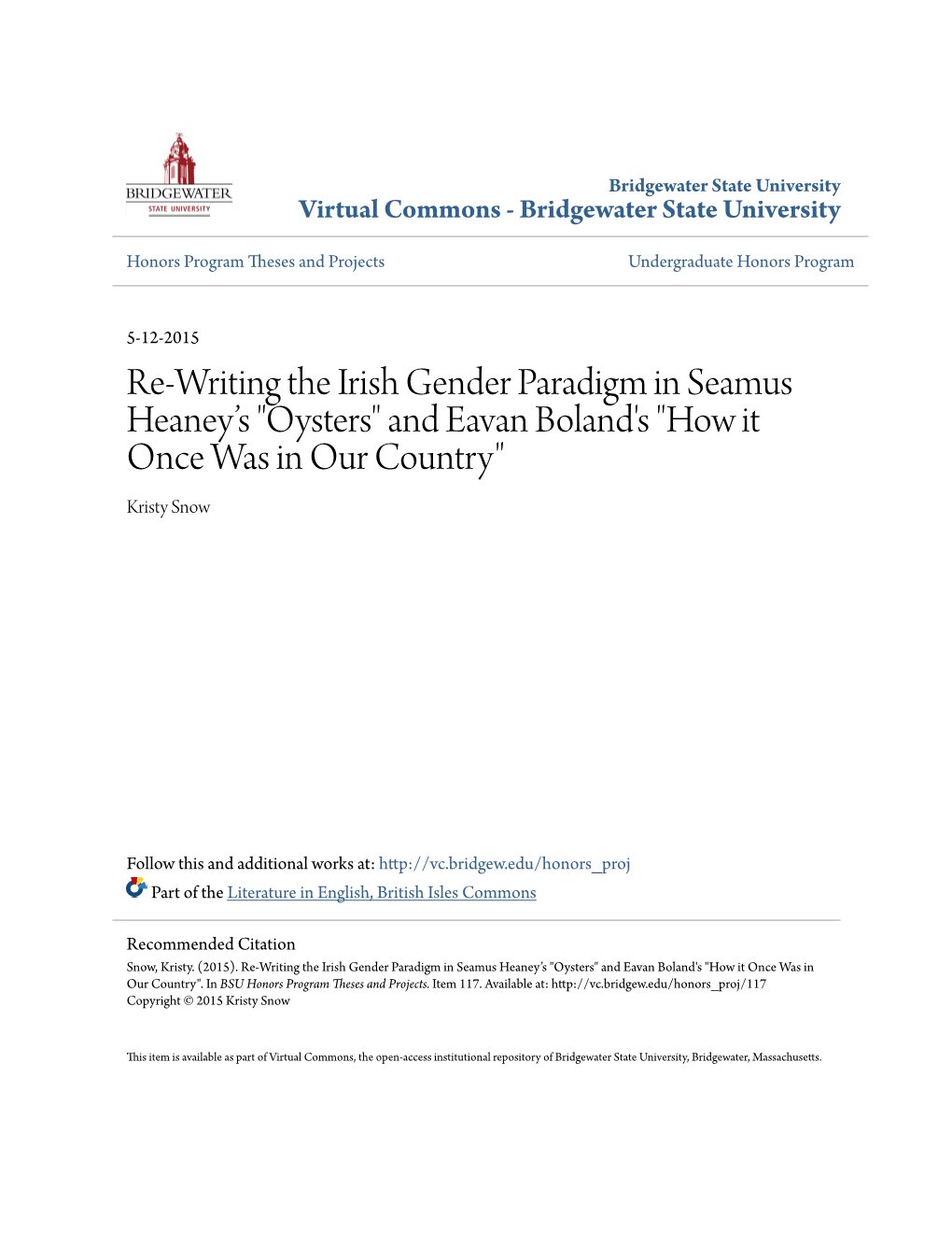 Re-Writing the Irish Gender Paradigm in Seamus Heaney's "Oysters"