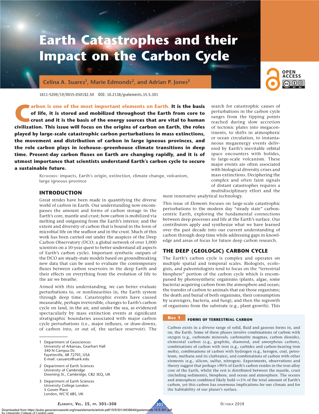 Earth Catastrophes and Their Impact on the Carbon Cycle
