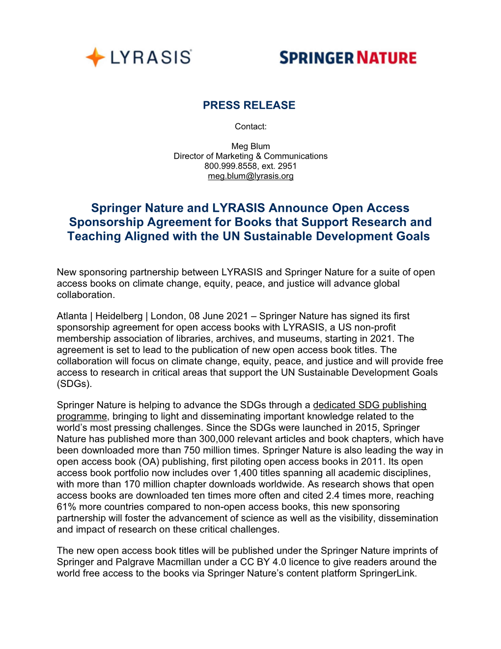 Springer Nature and LYRASIS Announce Open Access Sponsorship Agreement for Books That Support Research and Teaching Aligned with the UN Sustainable Development Goals