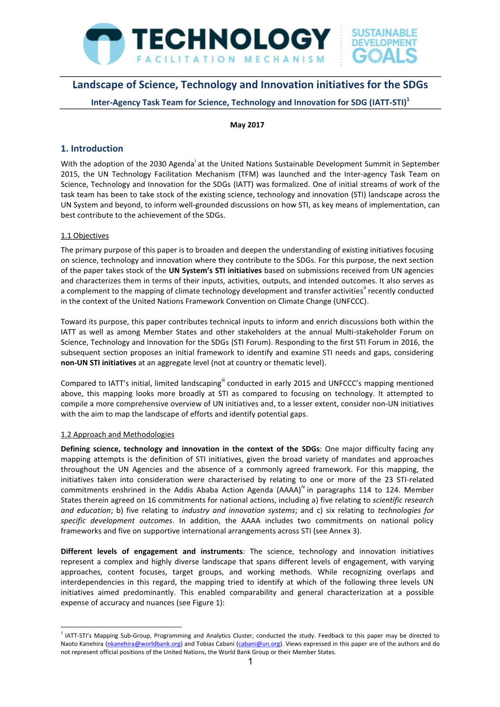 Landscape of Science, Technology and Innovation Initiatives for the Sdgs Inter-Agency Task Team for Science, Technology and Innovation for SDG (IATT-STI)1