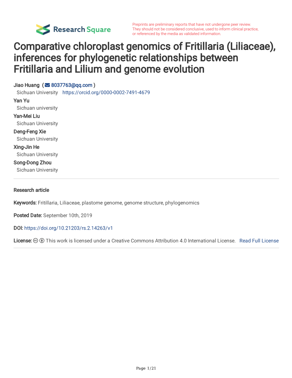 Comparative Chloroplast Genomics of Fritillaria (Liliaceae), Inferences for Phylogenetic Relationships Between Fritillaria and Lilium and Genome Evolution