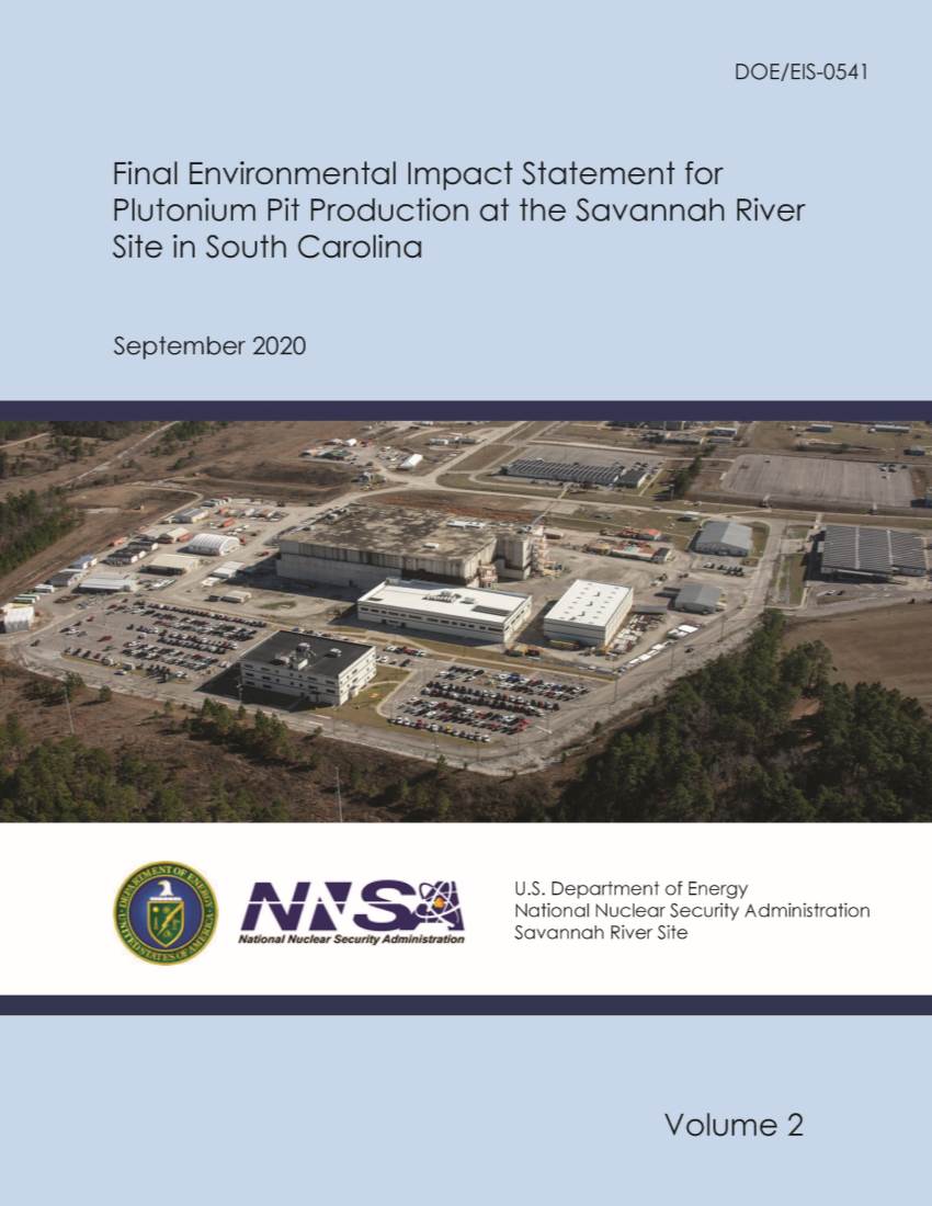 Final Environmental Impact Statement for Plutonium Pit Production at the Savannah River Site in South Carolina (SRS Pit Production EIS) (DOE/EIS-0541)