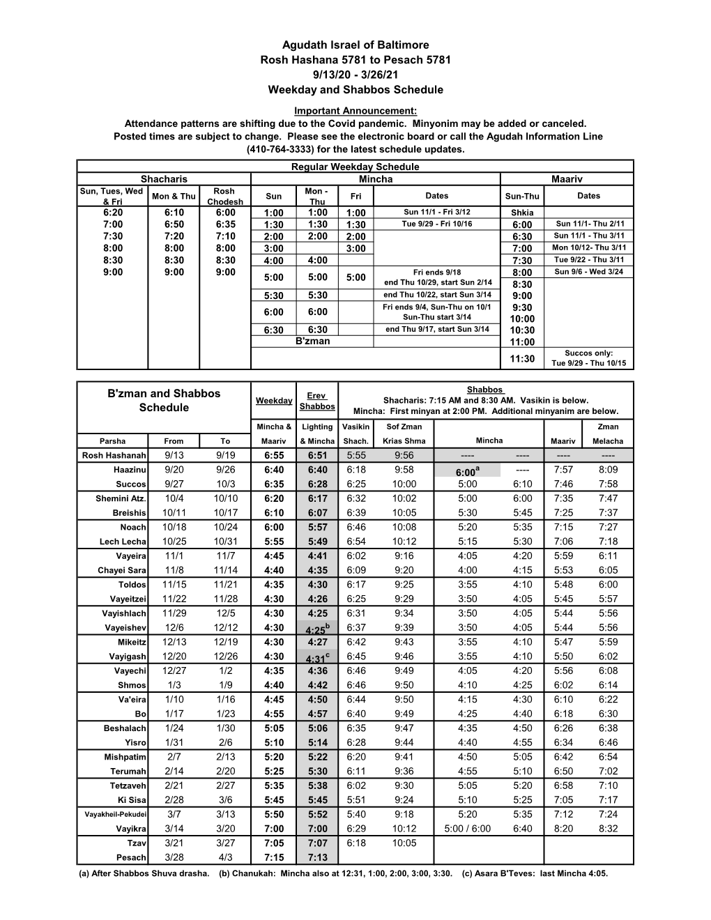 B'zman and Shabbos Schedule Agudath Israel Of