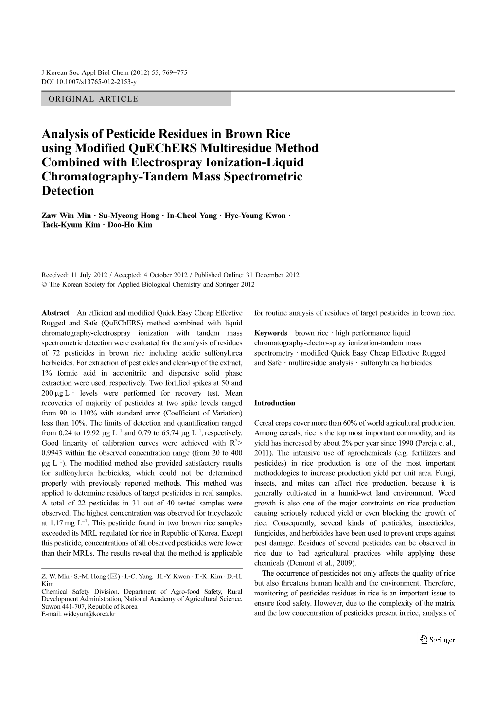 Analysis of Pesticide Residues in Brown Rice Using Modified