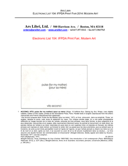Ars Libri, Ltd. / 500 Harrison Ave. / Boston, MA 02118 Electronic List 104: IFPDA Print Fair, Modern