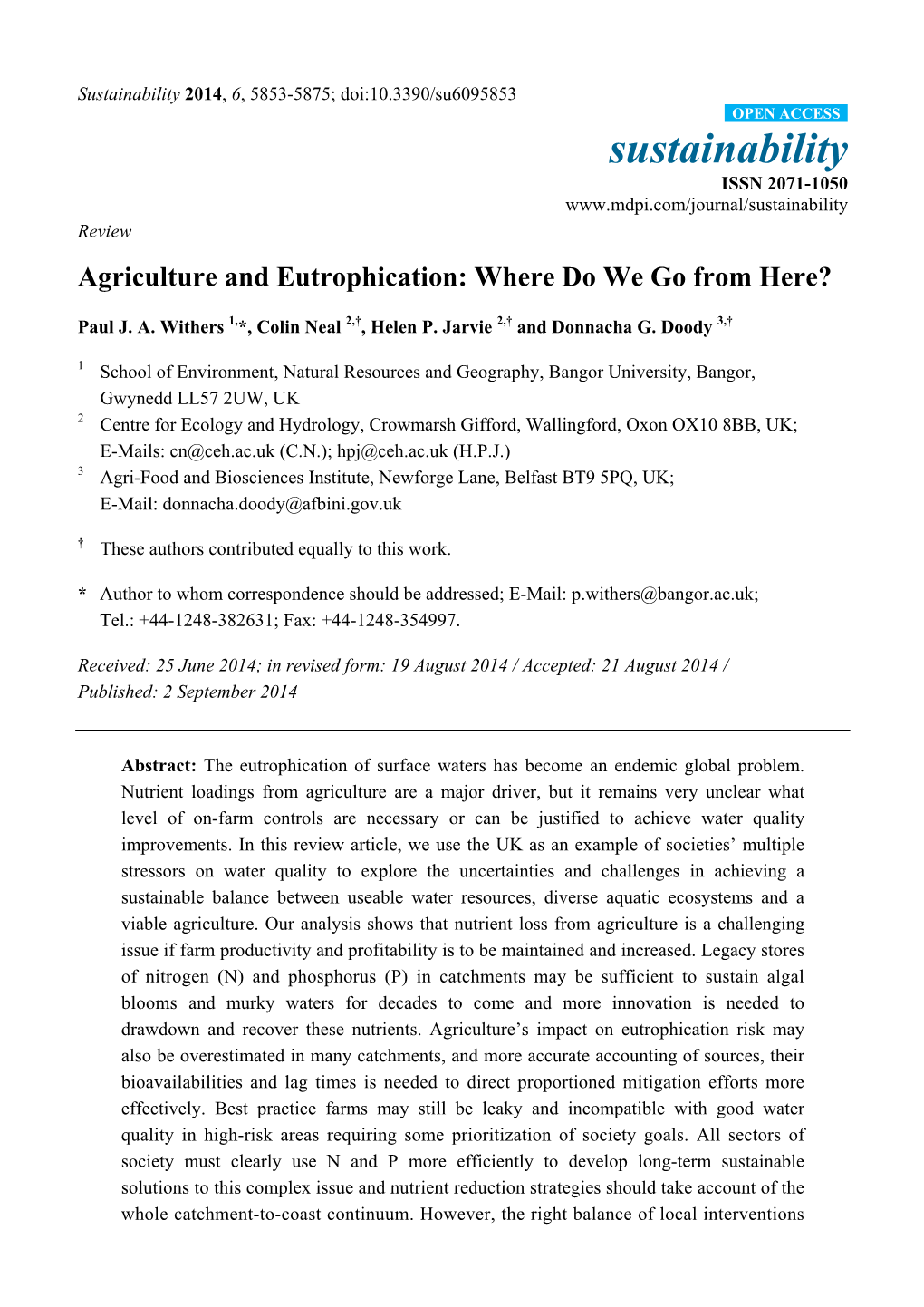 Agriculture and Eutrophication: Where Do We Go from Here?