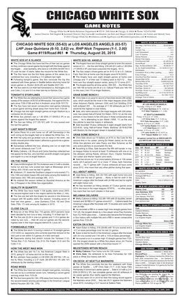 Chicago White Sox Game Notes Chicago White Sox  Media Relations Department  333 W