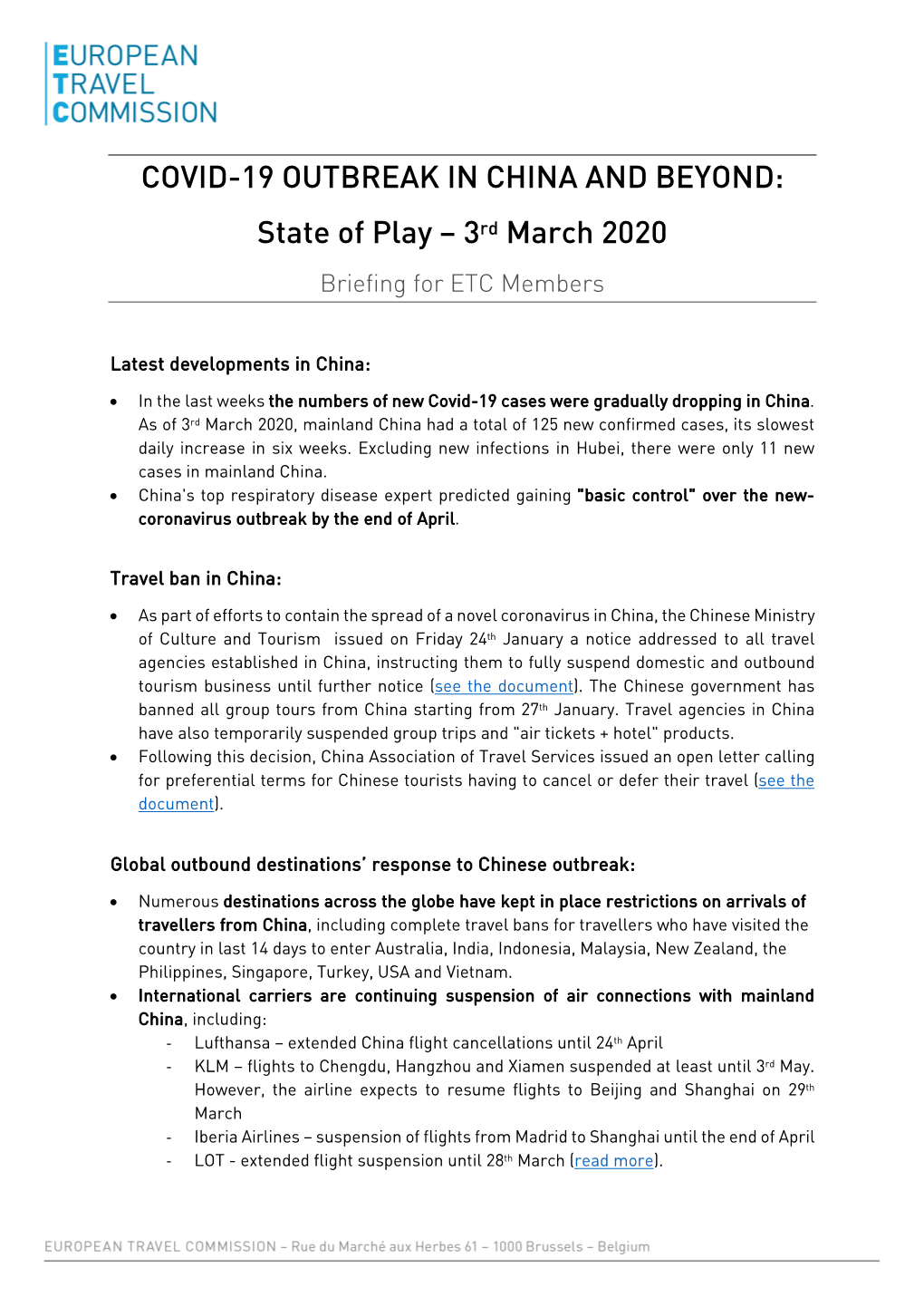 COVID-19 OUTBREAK in CHINA and BEYOND: State of Play – 3Rd March 2020 Briefing for ETC Members