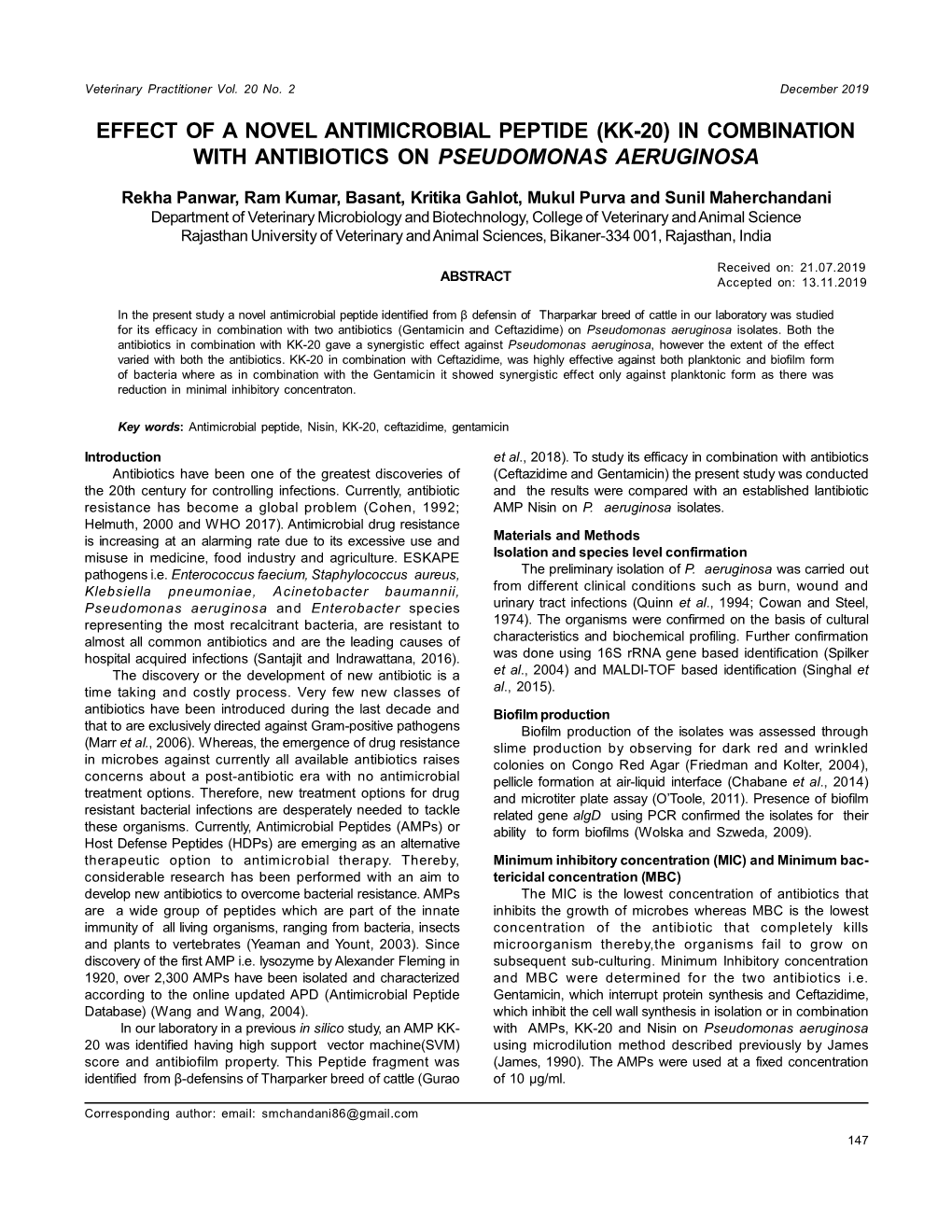 Effect of a Novel Antimicrobial Peptide (Kk-20) in Combination with Antibiotics on Pseudomonas Aeruginosa