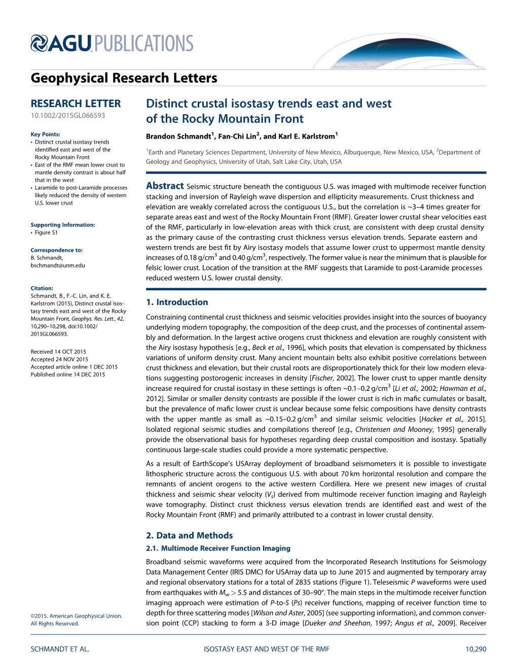 Distinct Crustal Isostasy Trends East and West of the Rocky Mountain Front