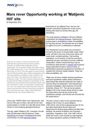 Mars Rover Opportunity Working at 'Matijevic Hill' Site 30 September 2012