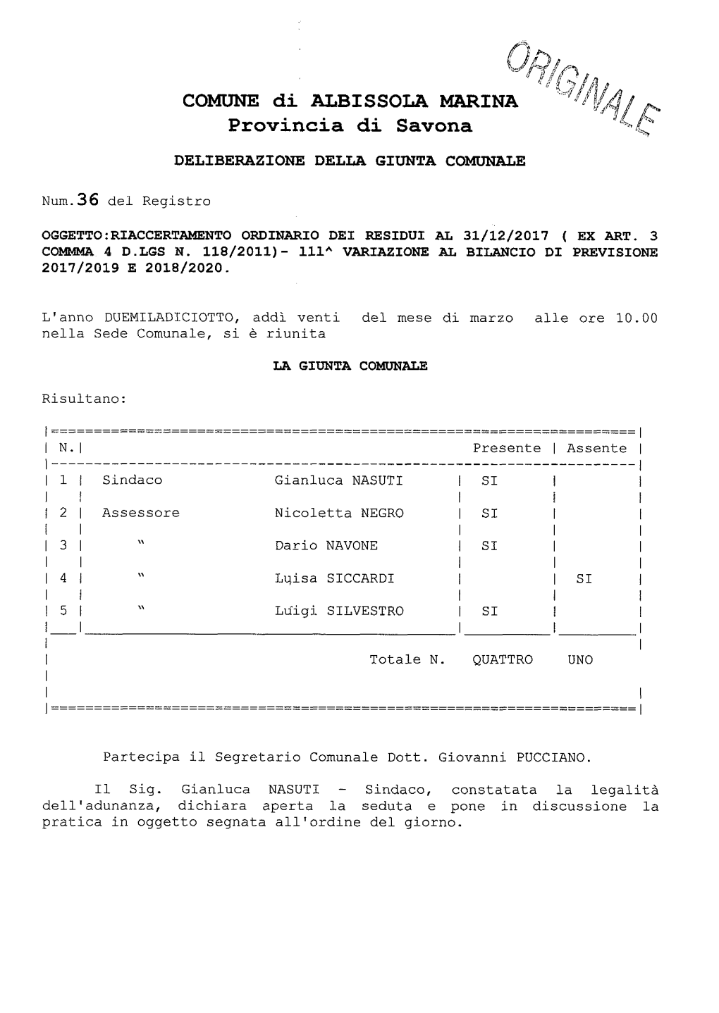 COMUNE Di ALBISSOLA MARINA Provincia Di Savona DELIBERAZIONE DELLA GIUNTA COMUNALE