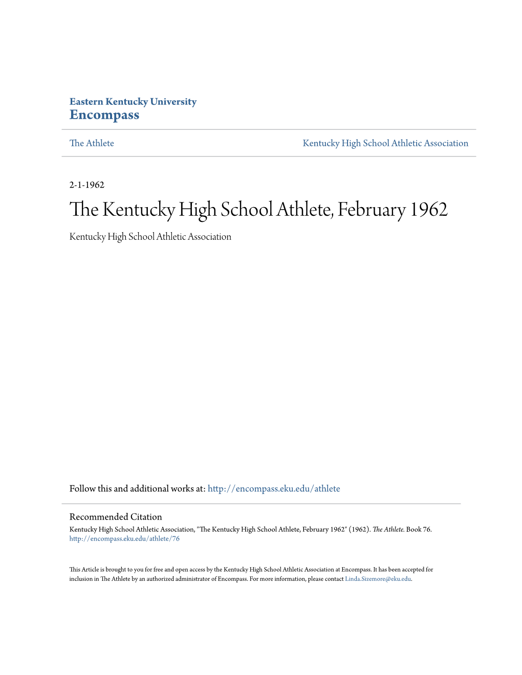 The Kentucky High School Athlete, February 1962 Kentucky High School Athletic Association