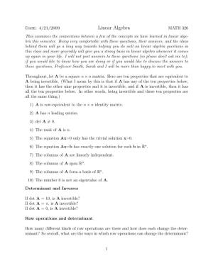 Linear Algebra MATH 320 This Examines the Connections Between a Few of the Concepts We Have Learned in Linear Alge- Bra This Semester