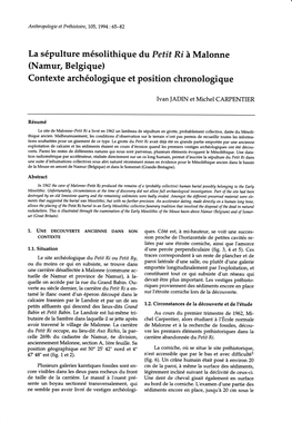 La Sépulture Mésolithique Du Petit Rt À Malonne (Namut, Belgique) Contextearchéologique Et Position Chronologique