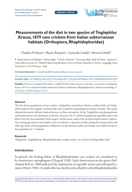 Measurements of the Diet in Two Species of Troglophilus Krauss, 1879 Cave Crickets from Italian Subterranean Habitats (Orthoptera, Rhaphidophoridae)