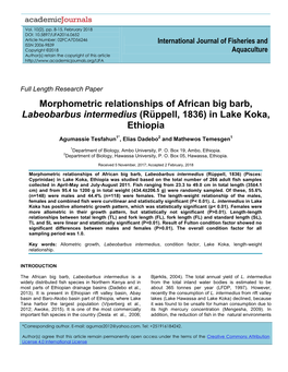 Morphometric Relationships of African Big Barb, Labeobarbus Intermedius (Rüppell, 1836) in Lake Koka, Ethiopia