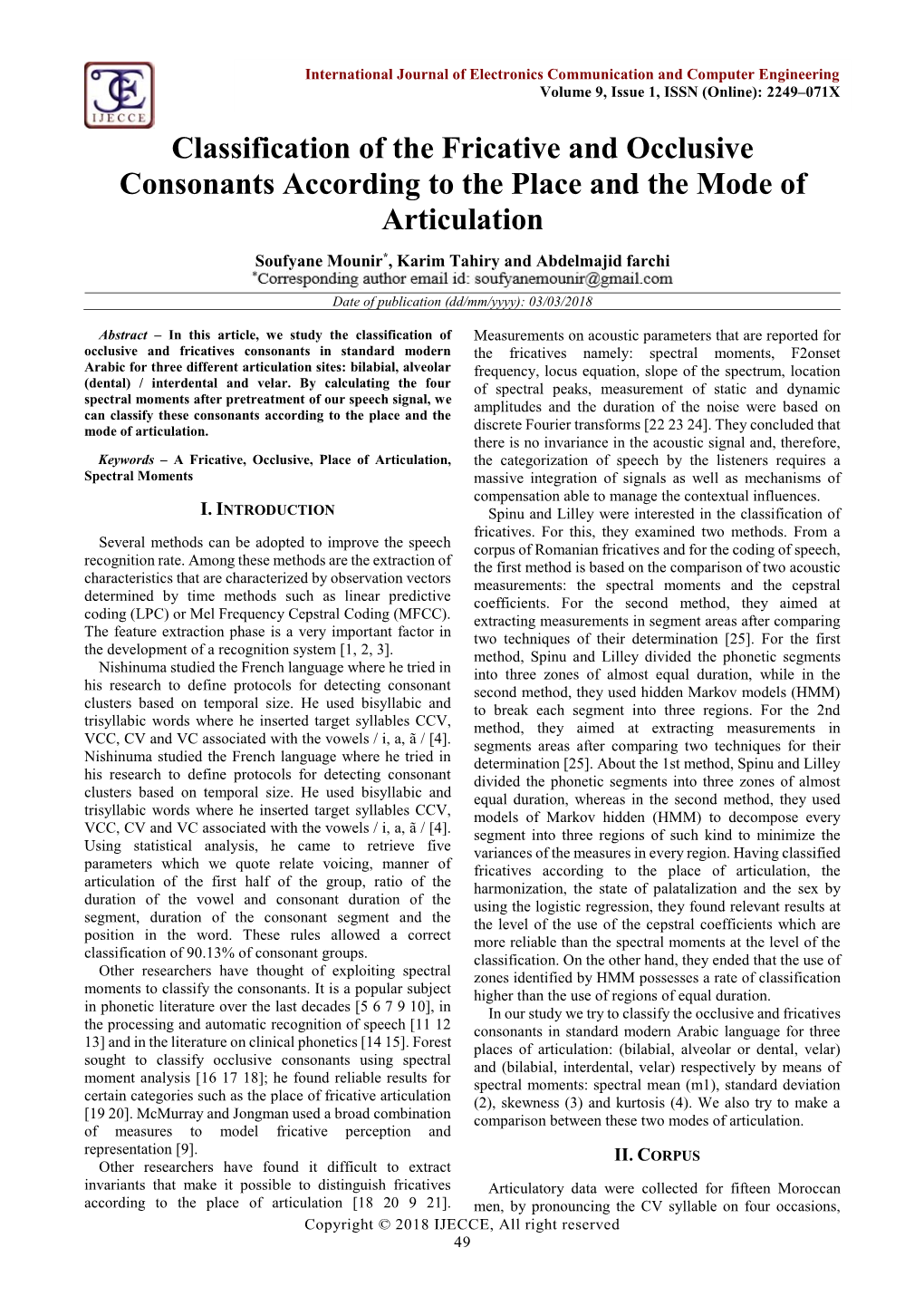 Classification of the Fricative and Occlusive Consonants According to the Place and the Mode of Articulation