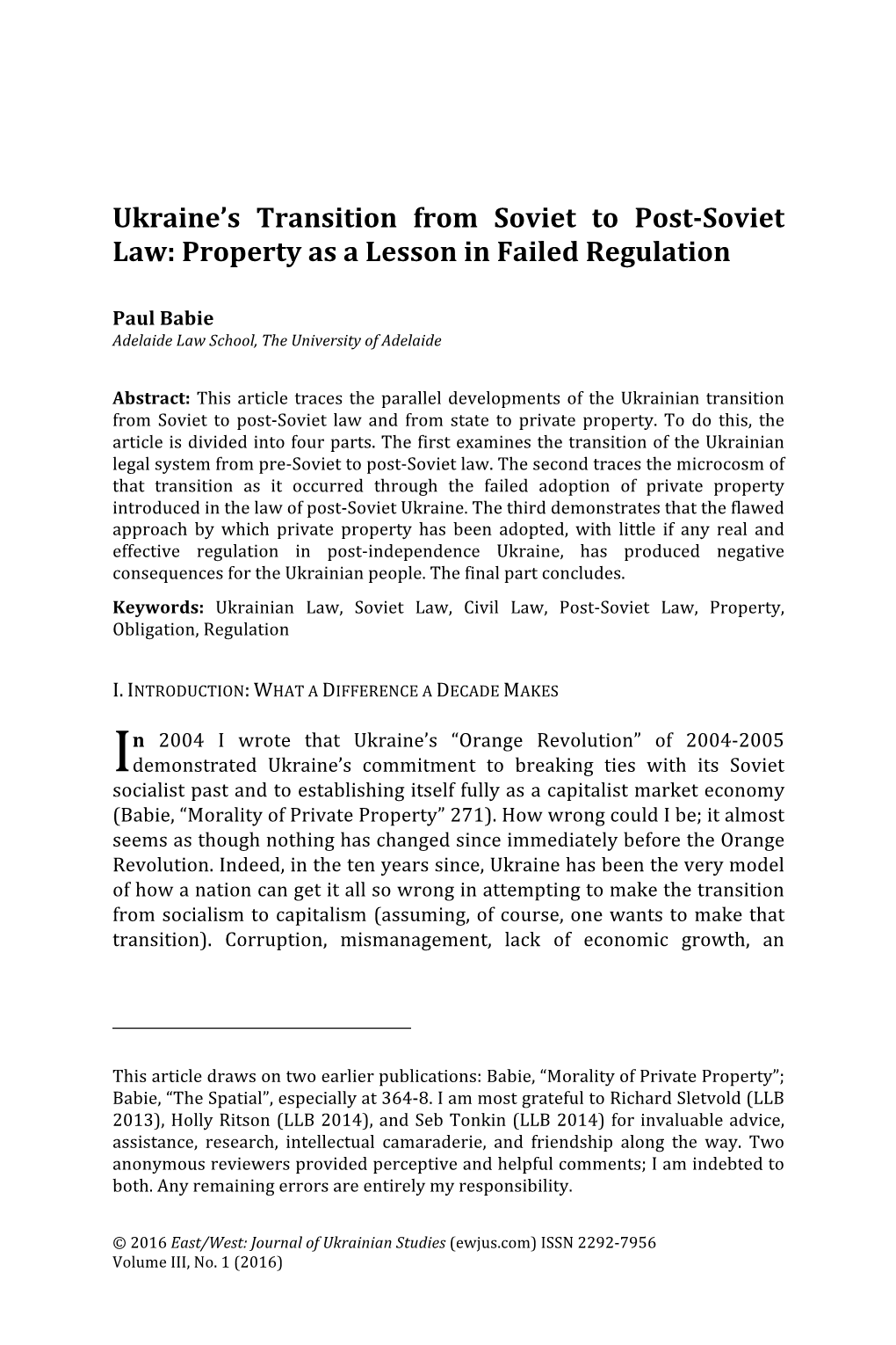 Ukraine's Transition from Soviet to Post-Soviet Law: Property As A