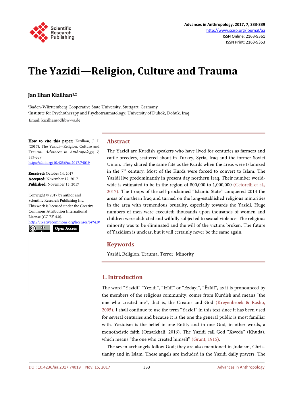 The Yazidi—Religion, Culture and Trauma
