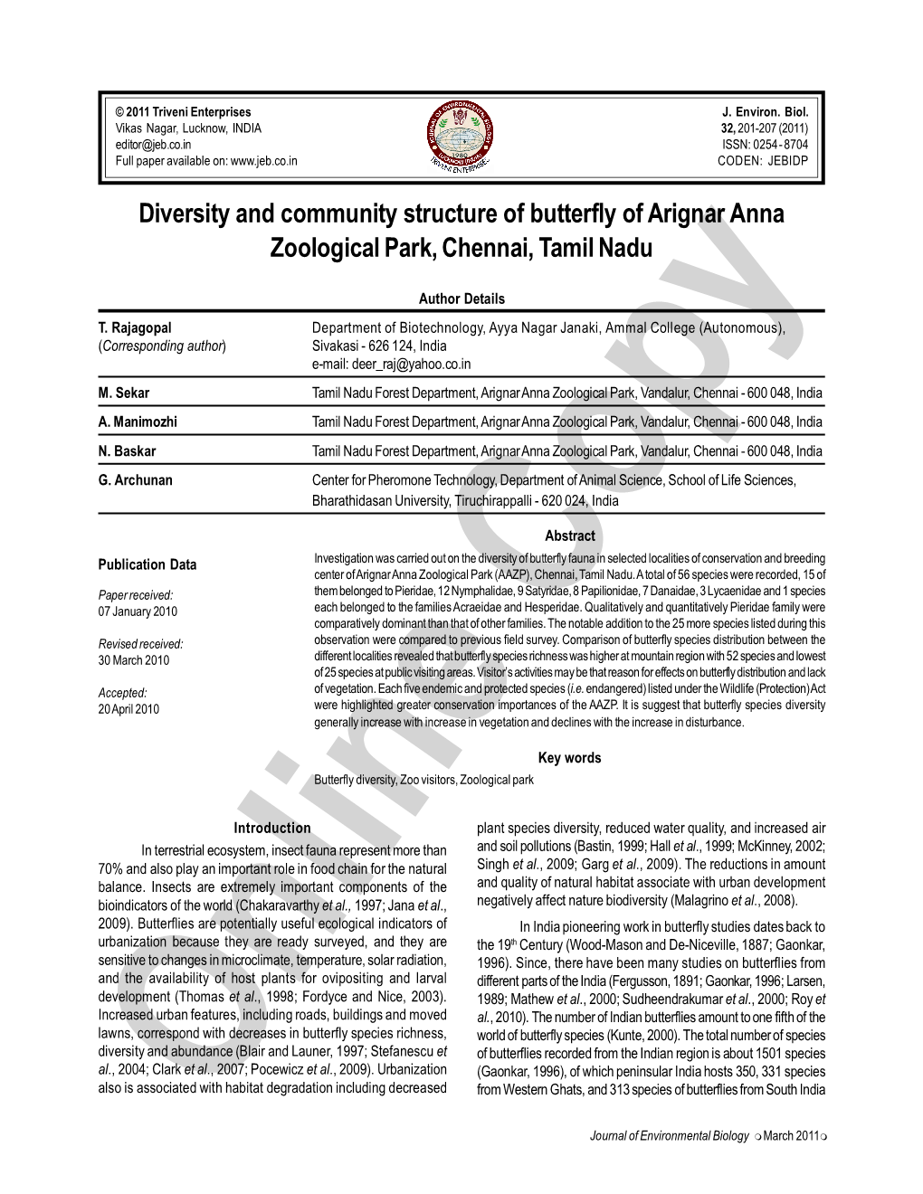 Diversity and Community Structure of Butterfly of Arignar Anna Zoological Park, Chennai, Tamil Nadu