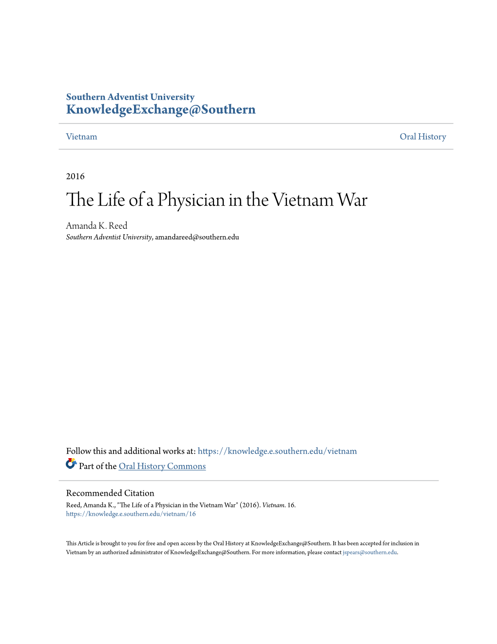 The Life of a Physician in the Vietnam War Amanda K