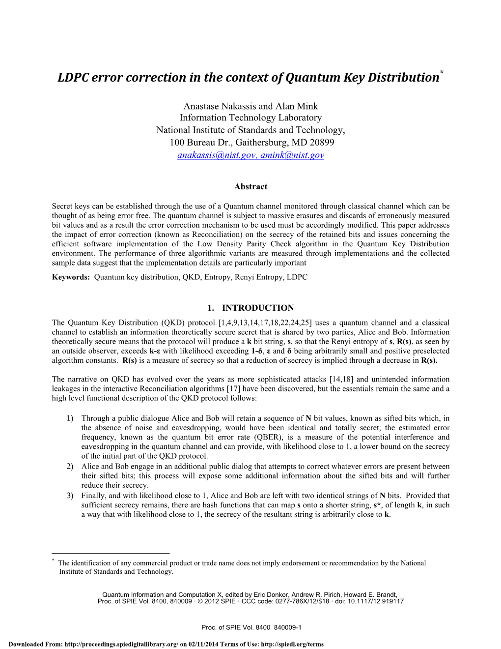 LDPC Error Correction in the Context of Quantum Key Distribution*