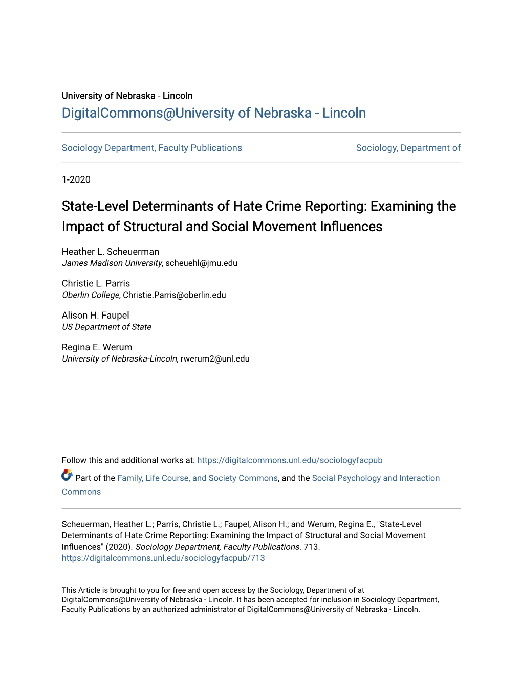 State-Level Determinants of Hate Crime Reporting: Examining the Impact of Structural and Social Movement Influences