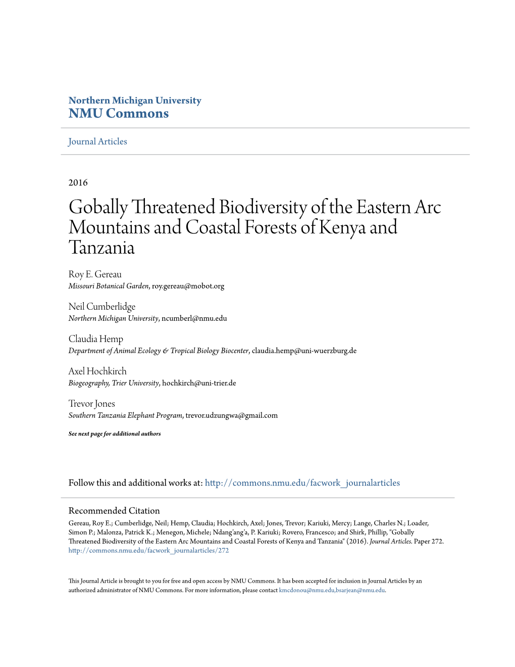 Gobally Threatened Biodiversity of the Eastern Arc Mountains and Coastal Forests of Kenya and Tanzania Roy E