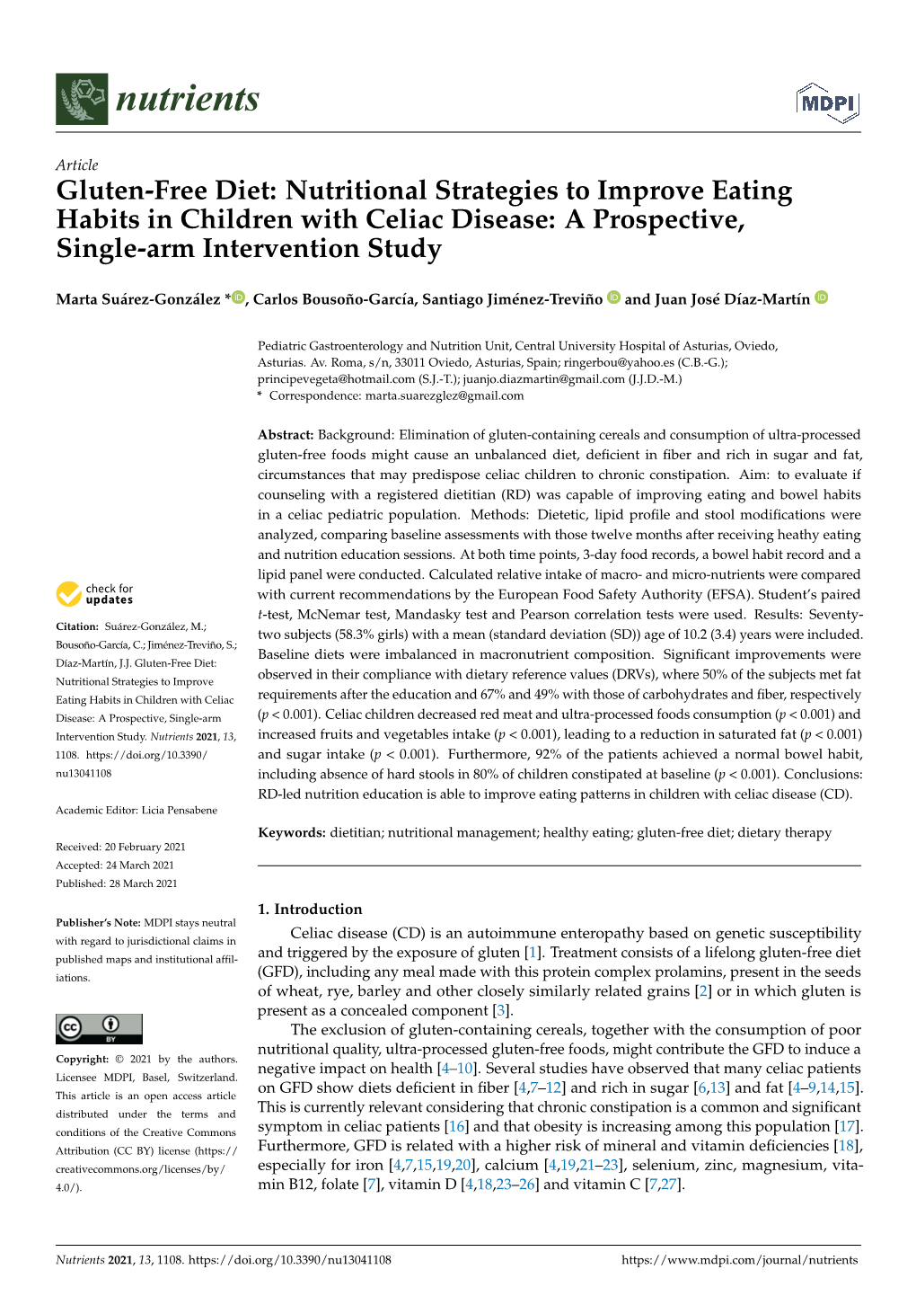 Gluten-Free Diet: Nutritional Strategies to Improve Eating Habits in Children with Celiac Disease: a Prospective, Single-Arm Intervention Study