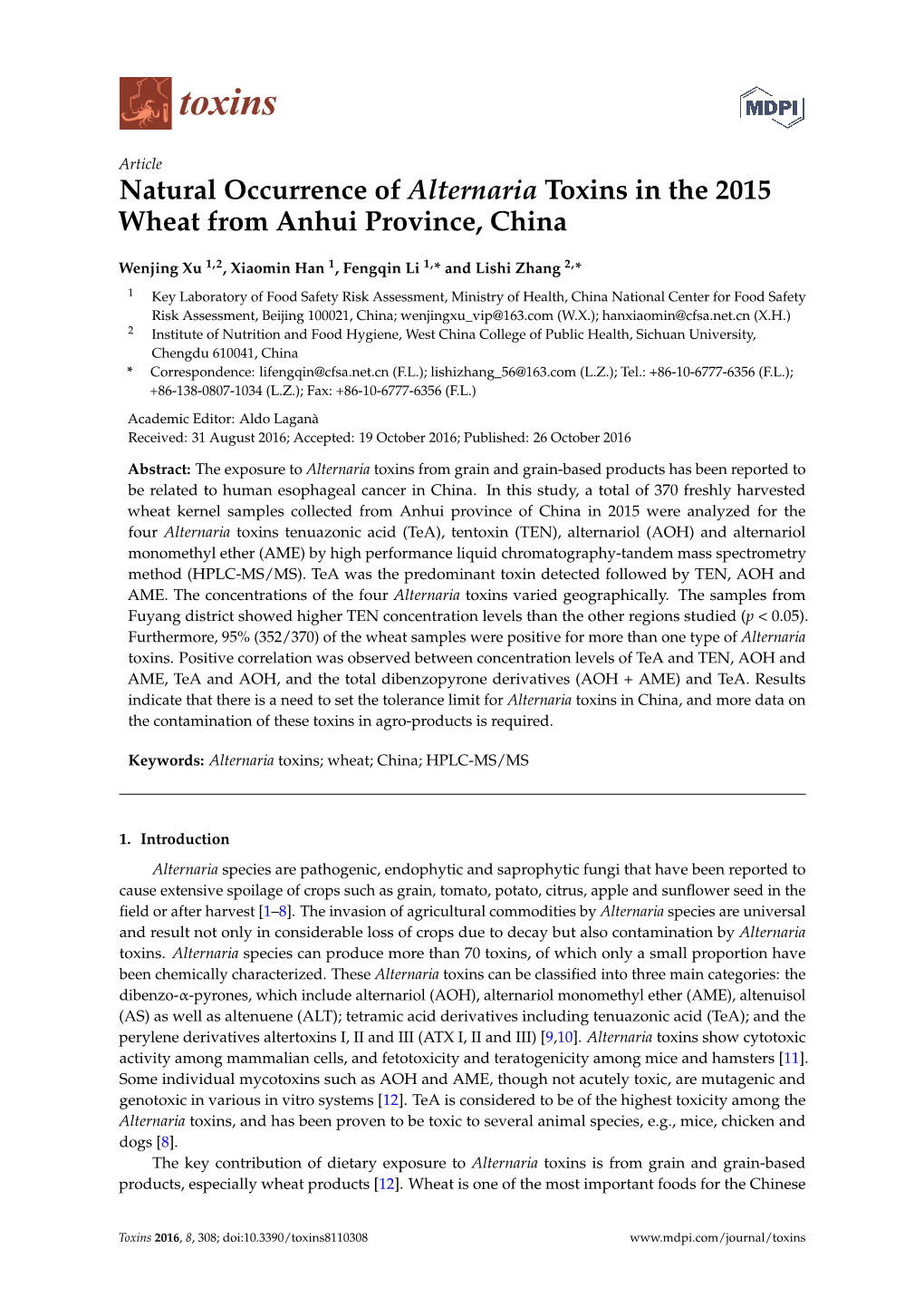 Natural Occurrence of Alternaria Toxins in the 2015 Wheat from Anhui Province, China