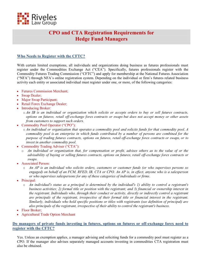 CPO and CTA Registration Requirements for Hedge Fund Managers