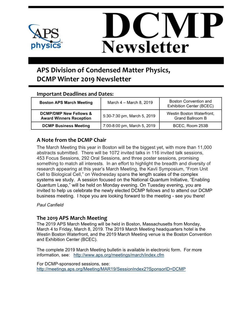 APS Division of Condensed Matter Physics, DCMP Winter 2019 Newsletter